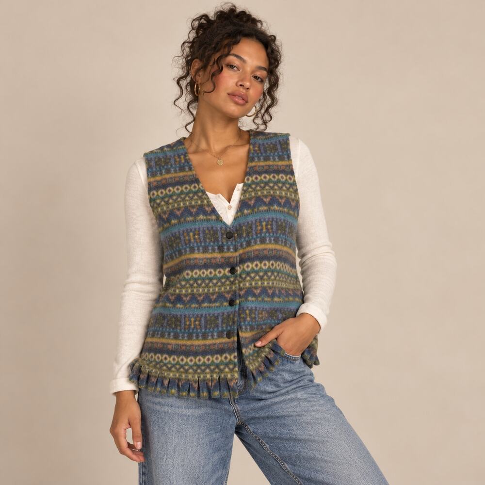 Vintage Croquet Club Fleece Geometric Southwestern Fringe Vest S/M Outdoorsy 90s